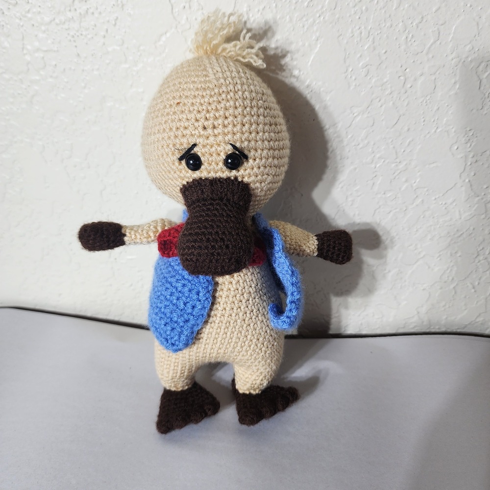 Handmade Crochet Platypus Plush Stuffed Animal Blue Vest Bow Tie 9.5"